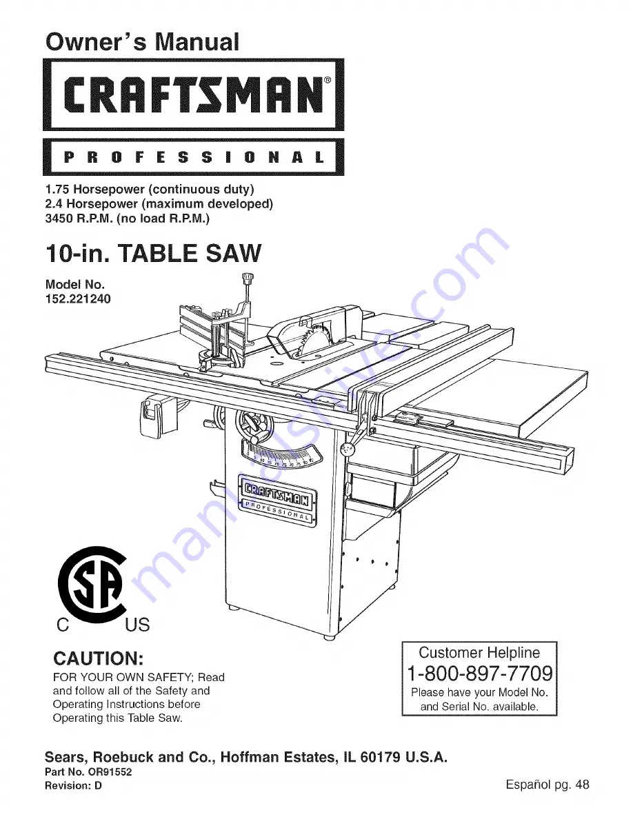 Craftsman 152.221240 Скачать руководство пользователя страница 1