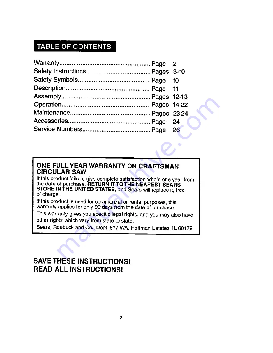 Craftsman 172.10853 Owner'S Manual Download Page 2