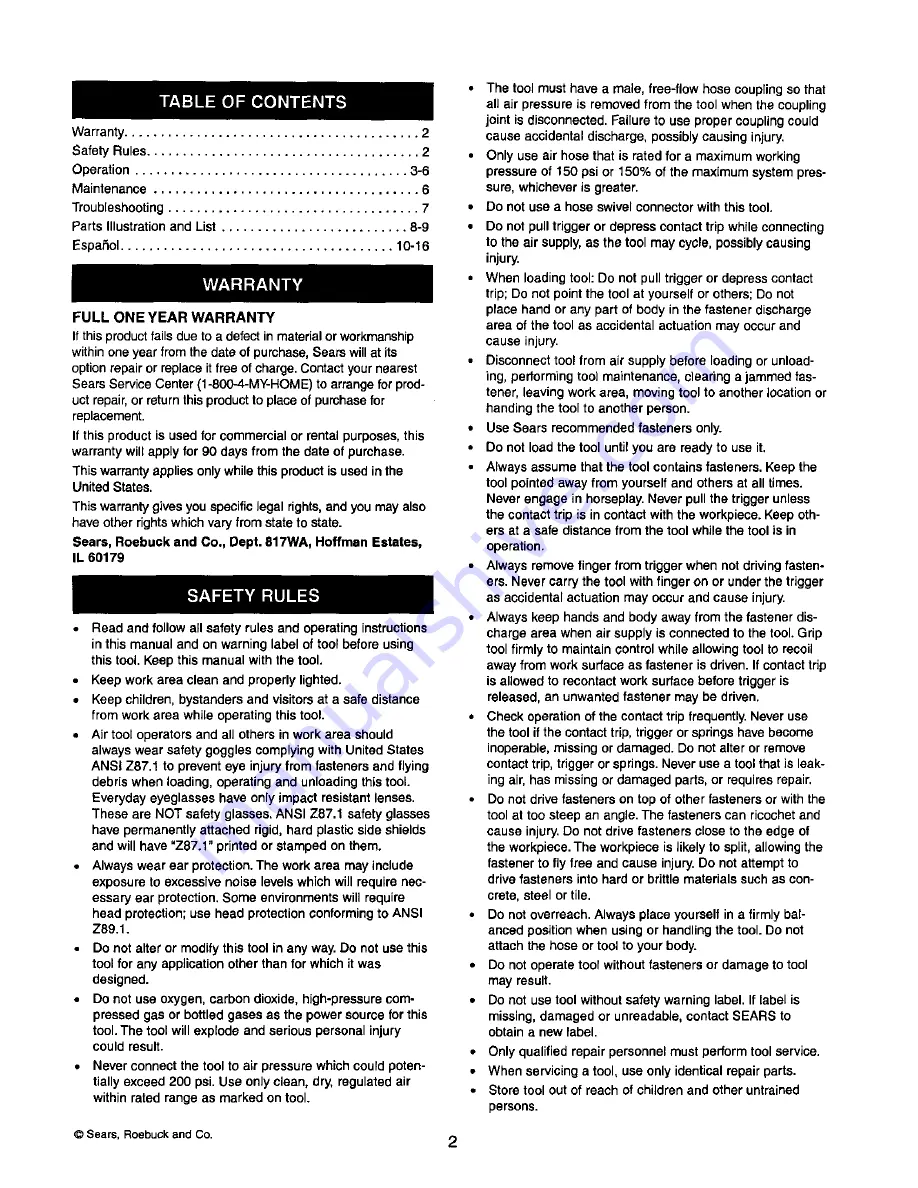 Craftsman 18178 - Full Head Framing Nailer Operator'S Manual Download Page 2