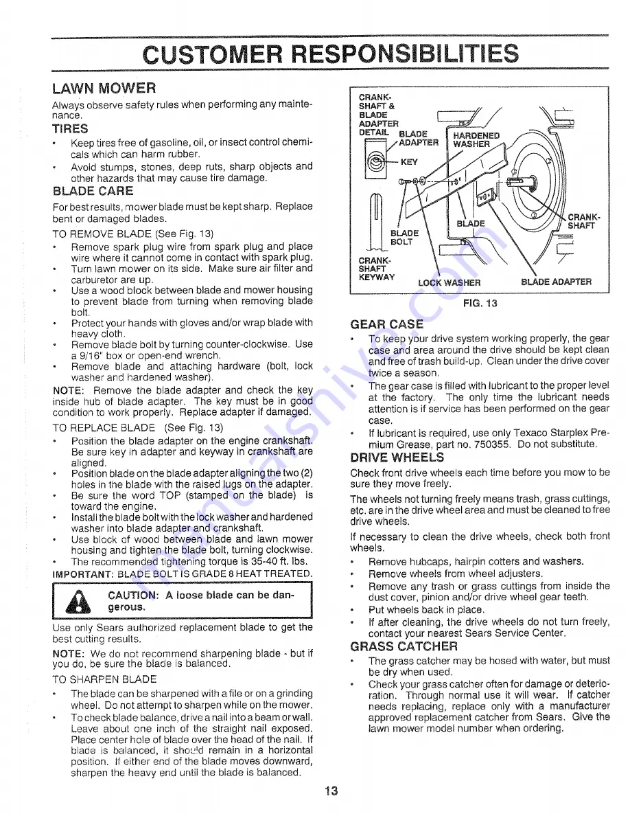 Craftsman 2 IN ONE MULCHER/BAGGER 917.37248 Owner'S Manual Download Page 13