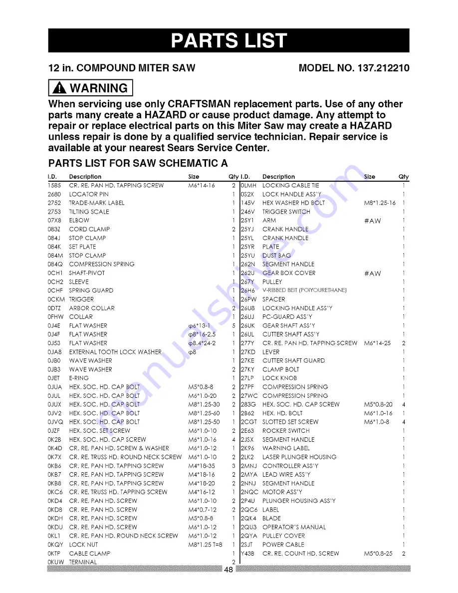 Craftsman 21221 - 12 in. Sliding Dual Bevel Compound Miter Saw Скачать руководство пользователя страница 216