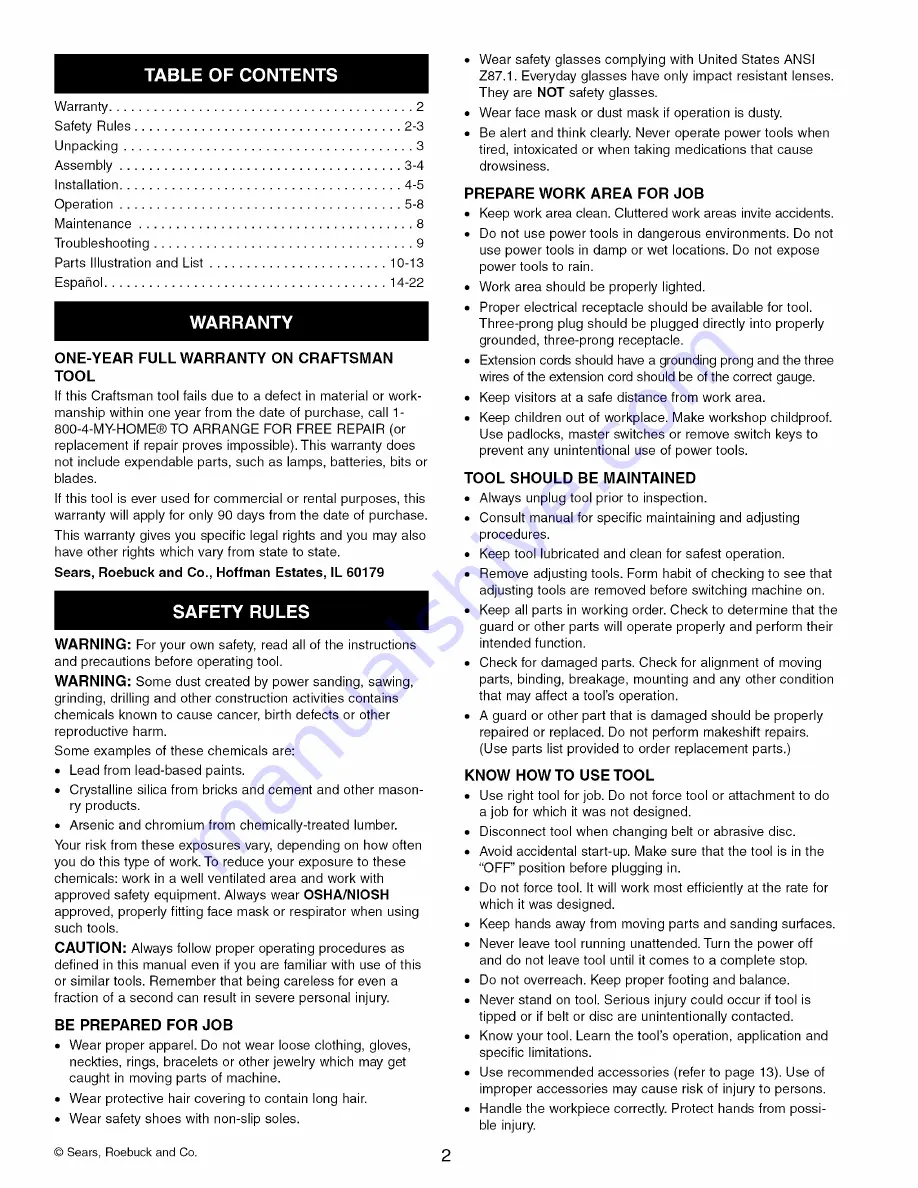 Craftsman 21514 - Belt & Disc Sander Operator'S Manual Download Page 2