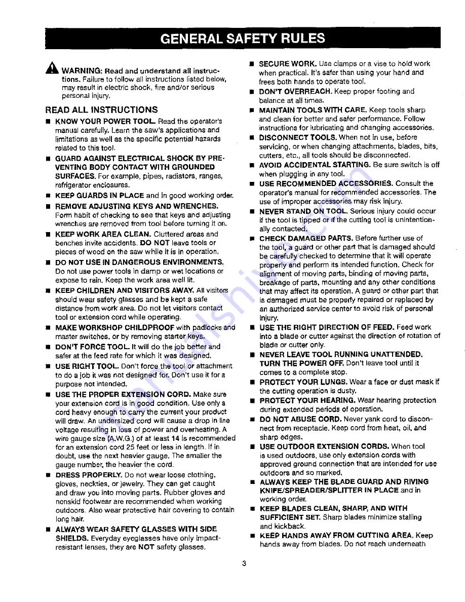 Craftsman 21805 - 10 in. Table Saw Operator'S Manual Download Page 3