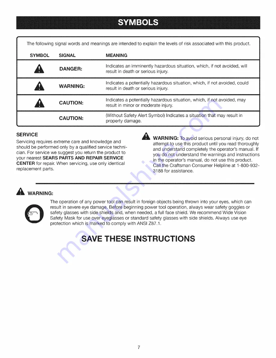 Craftsman 21828 - Professional 10 in. Jobsite Saw Operator'S Manual Download Page 7