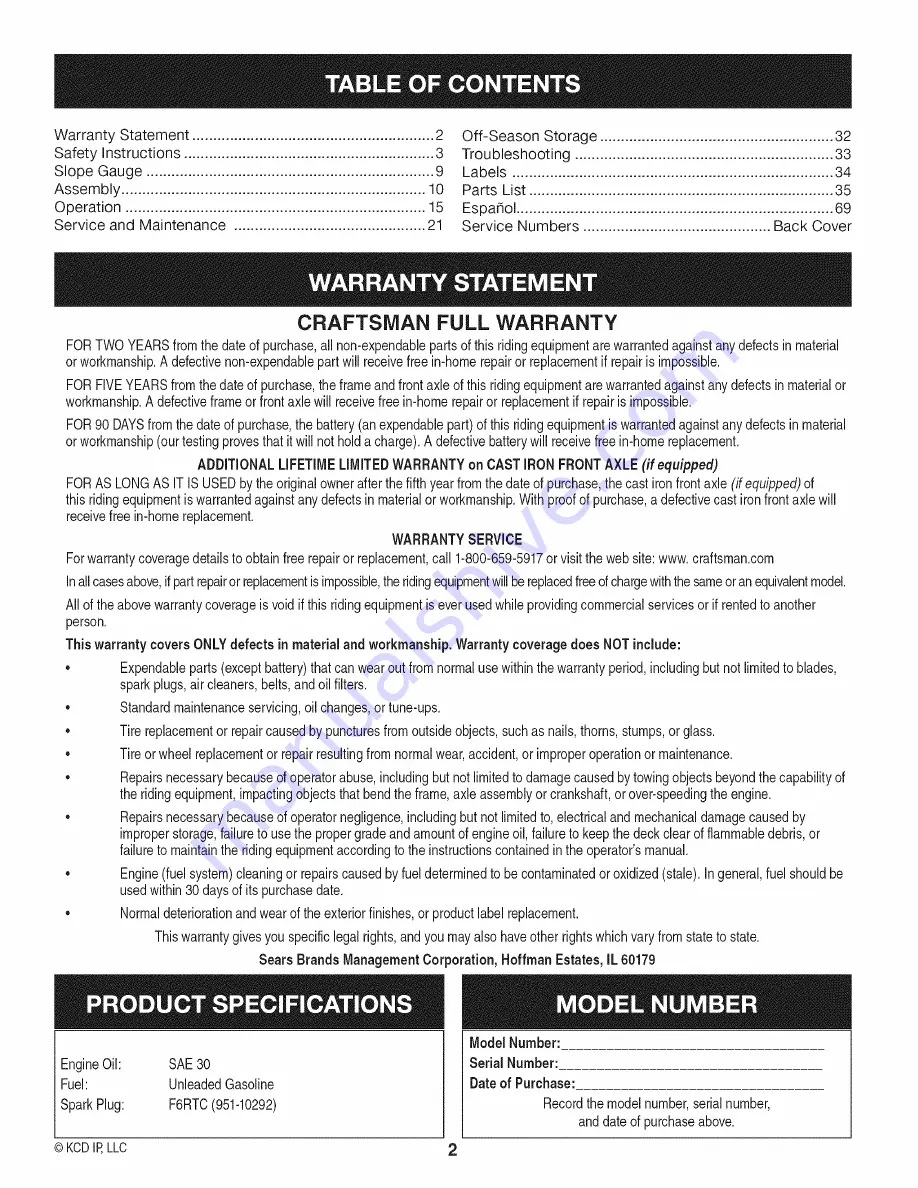 Craftsman 247.25000 Operator'S Manual Download Page 2