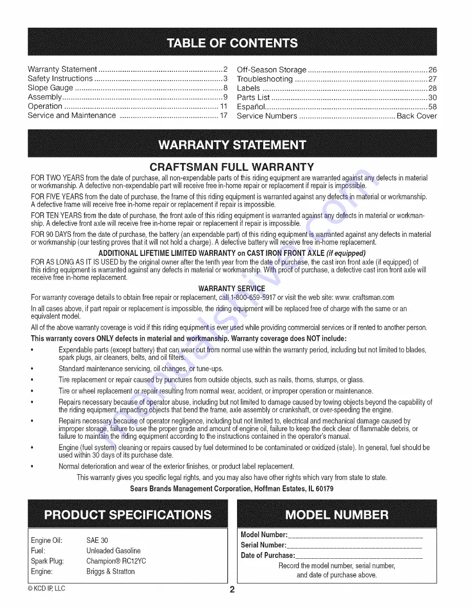 Craftsman 247.288861 Operator'S Manual Download Page 2