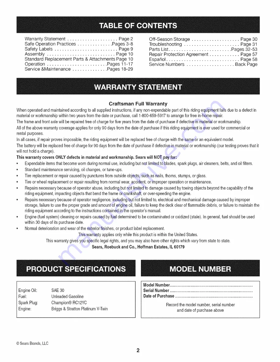 Craftsman 247.28933 Operator'S Manual Download Page 2