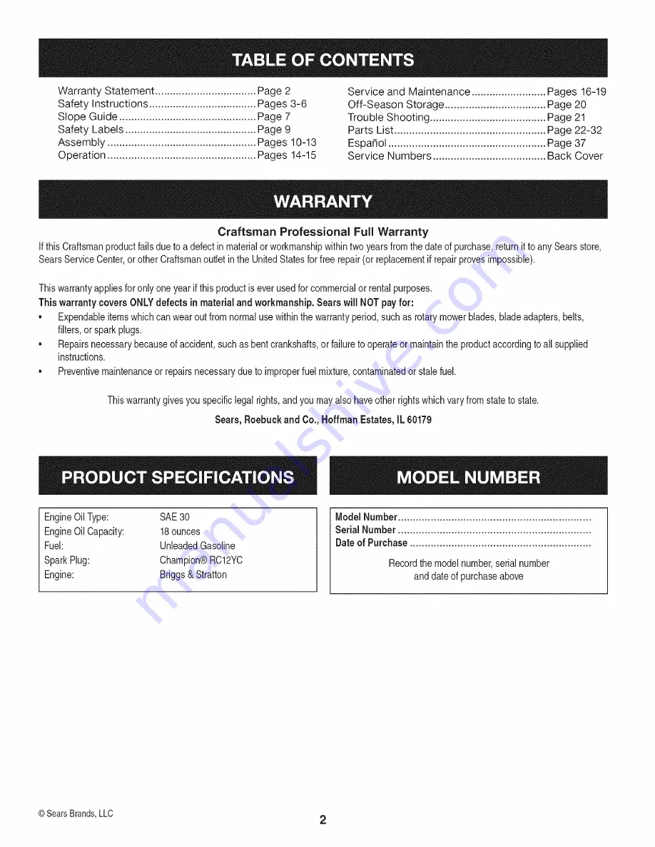 Craftsman 247.37108 Operator'S Manual Download Page 2