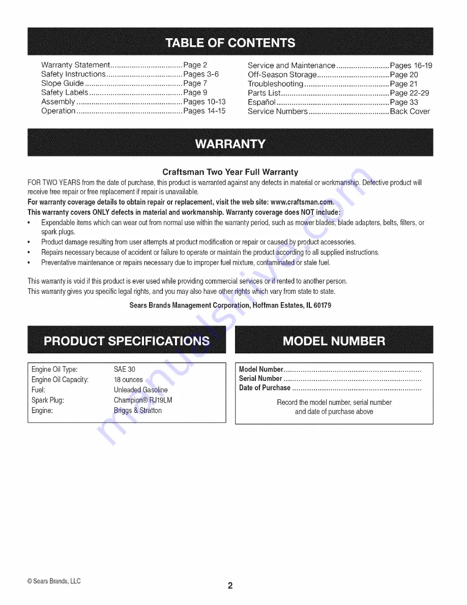 Craftsman 247.37185 Operator'S Manual Download Page 2