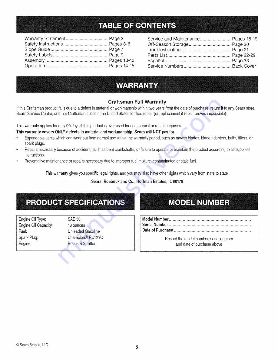 Craftsman 247.38911 Operator'S Manual Download Page 2