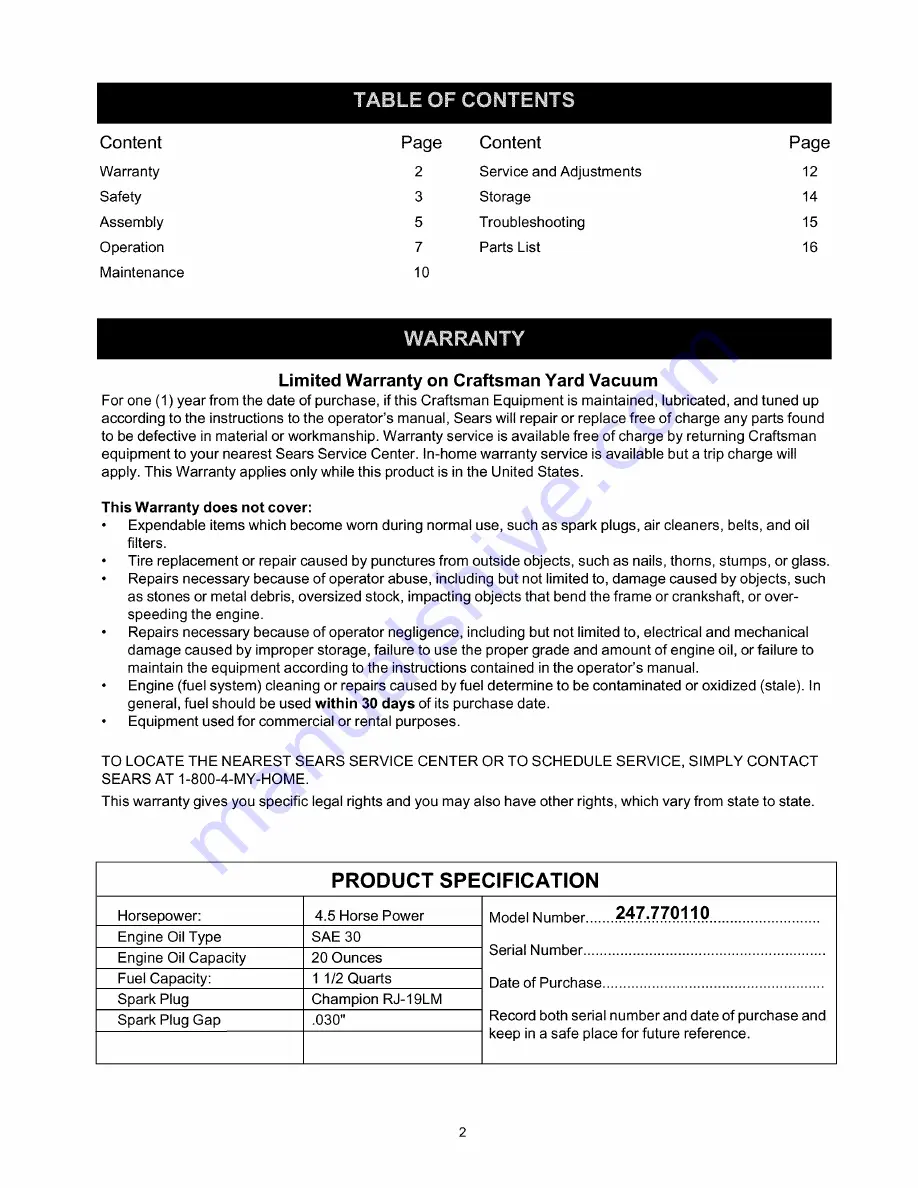 Craftsman 247.770110 Operator'S Manual Download Page 2