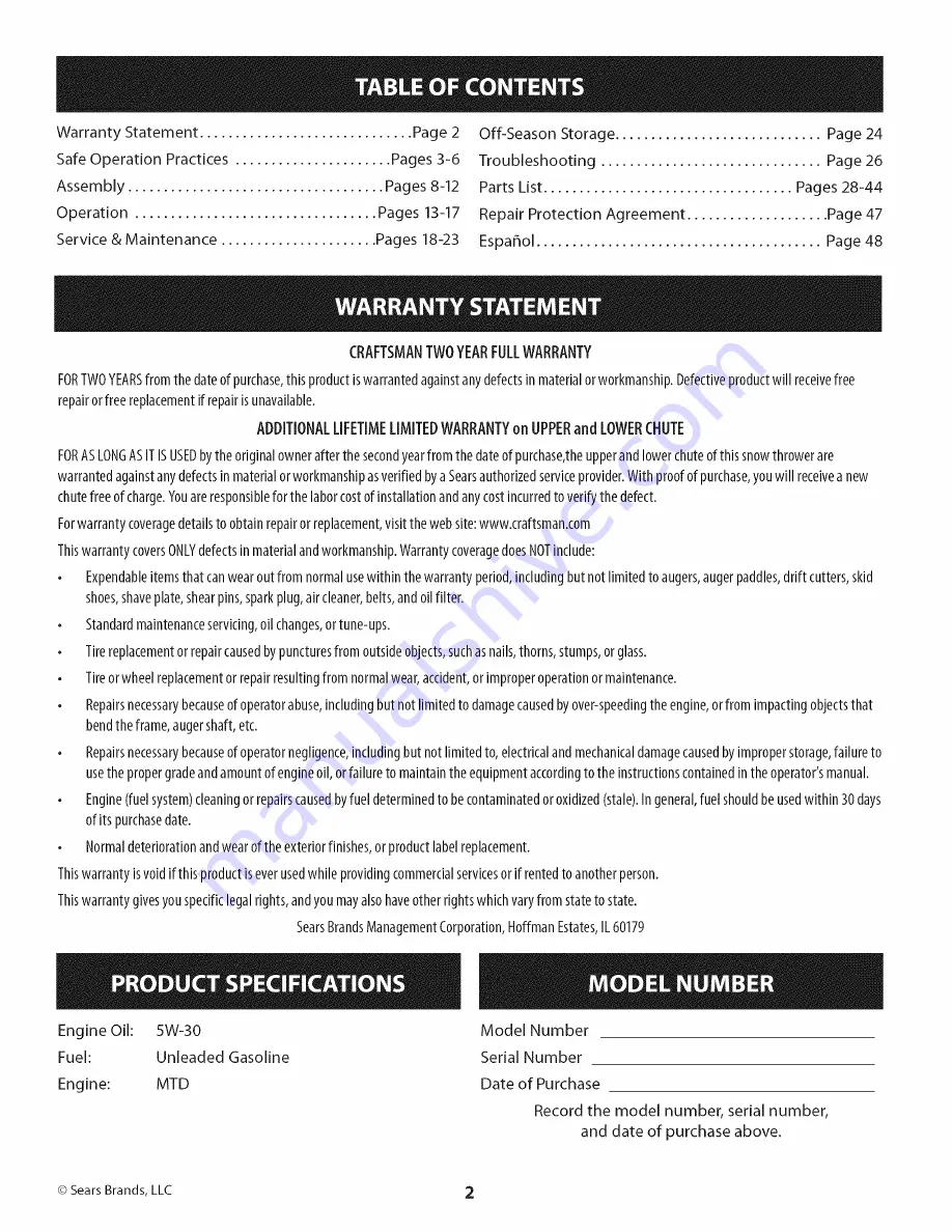 Craftsman 247.883961 Operator'S Manual Download Page 2