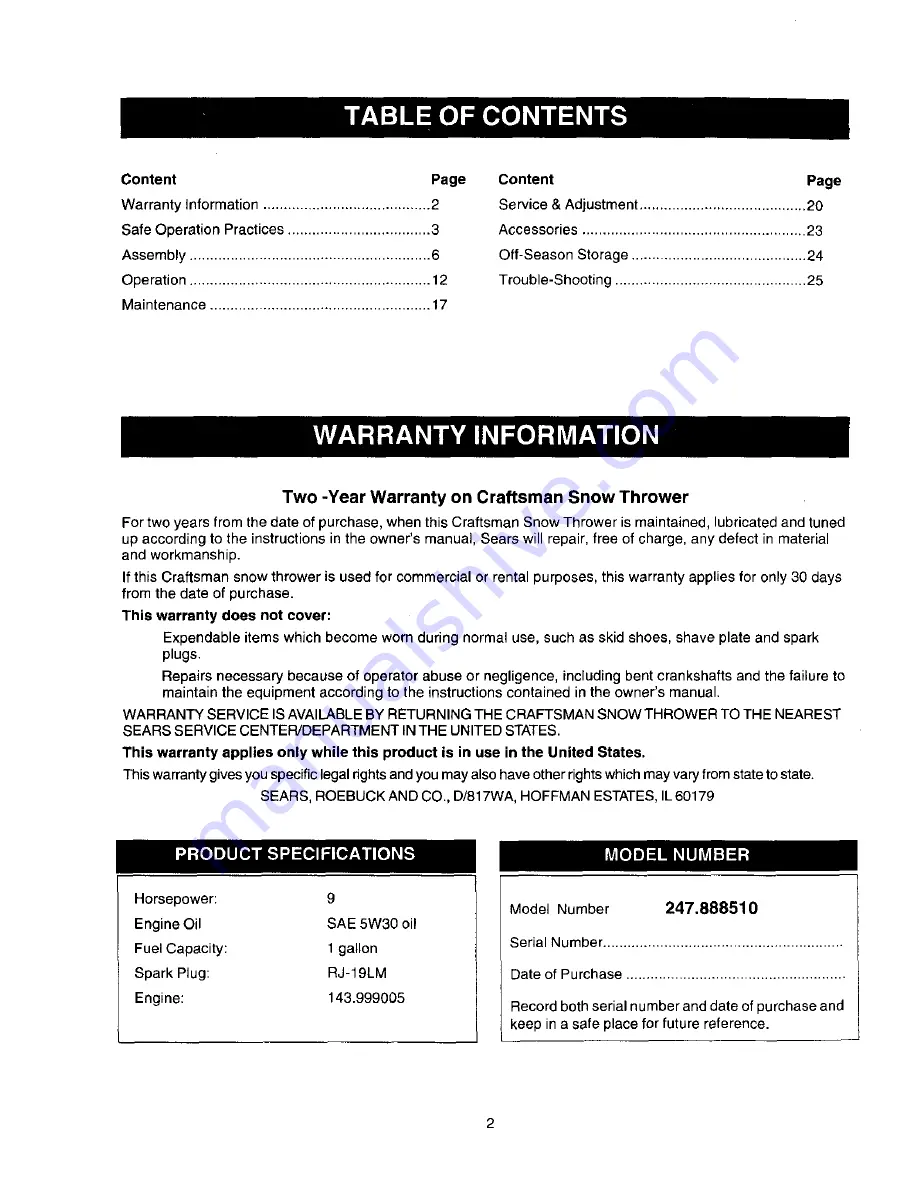 Craftsman 247.88851 Owner'S Manual Download Page 2