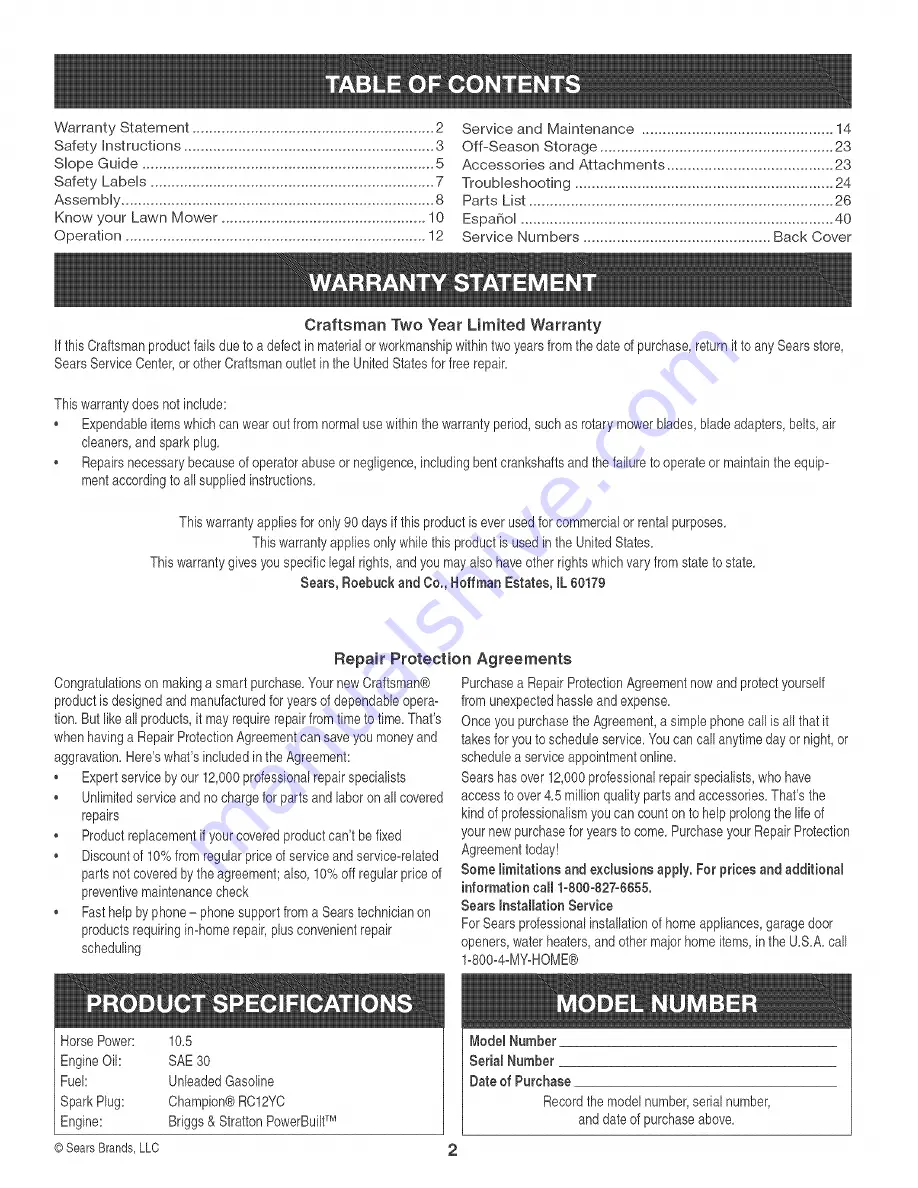 Craftsman 247.889330 Operator'S Manual Download Page 2