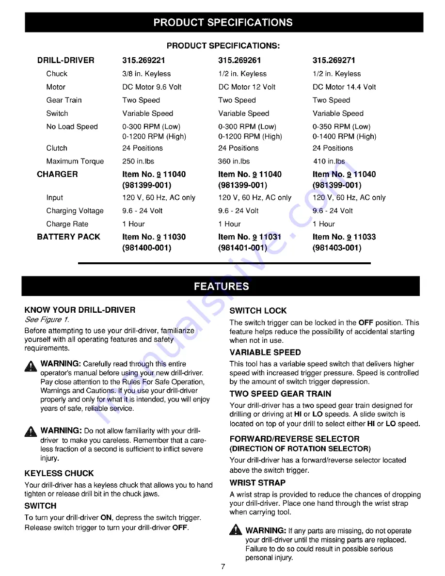 Craftsman 315.269221 Operator'S Manual Download Page 7