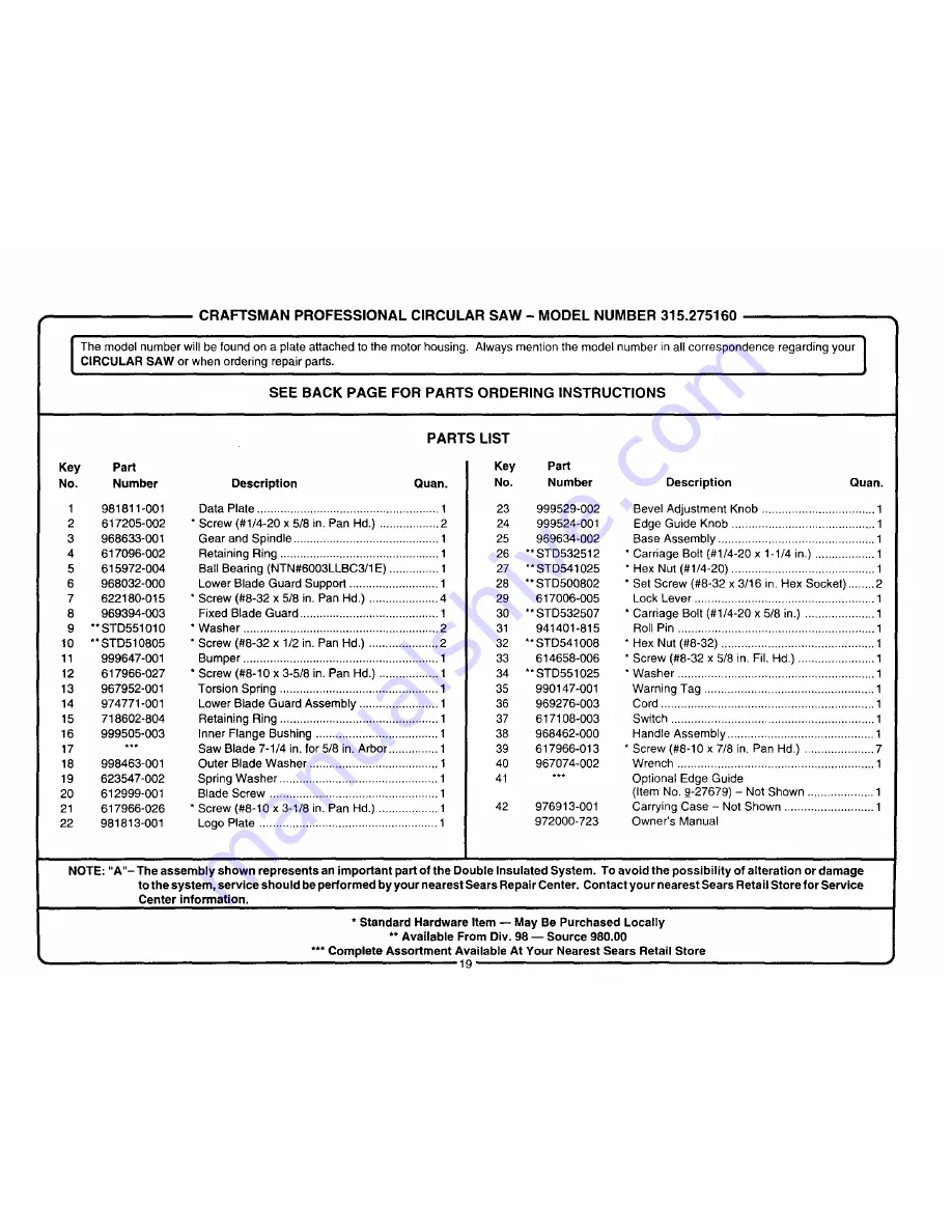 Craftsman 315.27516 Owner'S Manual Download Page 19