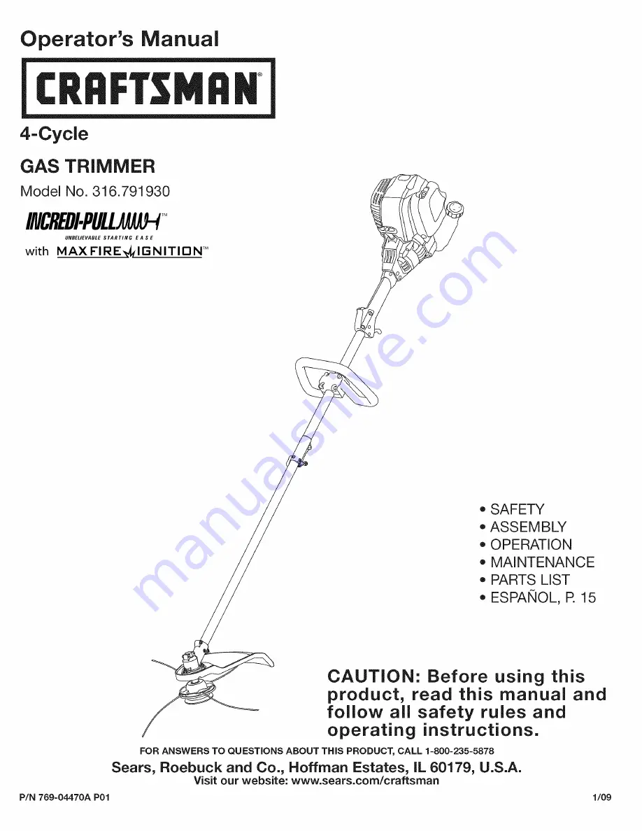 Craftsman 316.791930 Operator'S Manual Download Page 1