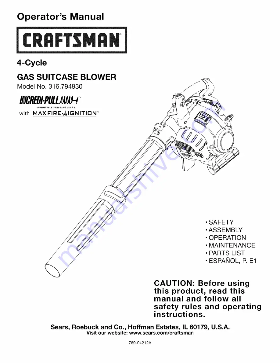 Craftsman 316.794830 Operator'S Manual Download Page 1