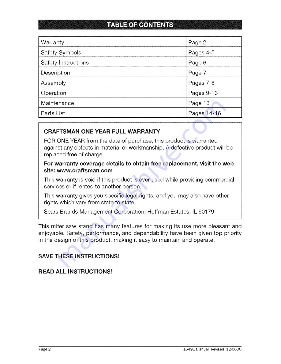 Craftsman 320.16491 Operator'S Manual Download Page 2