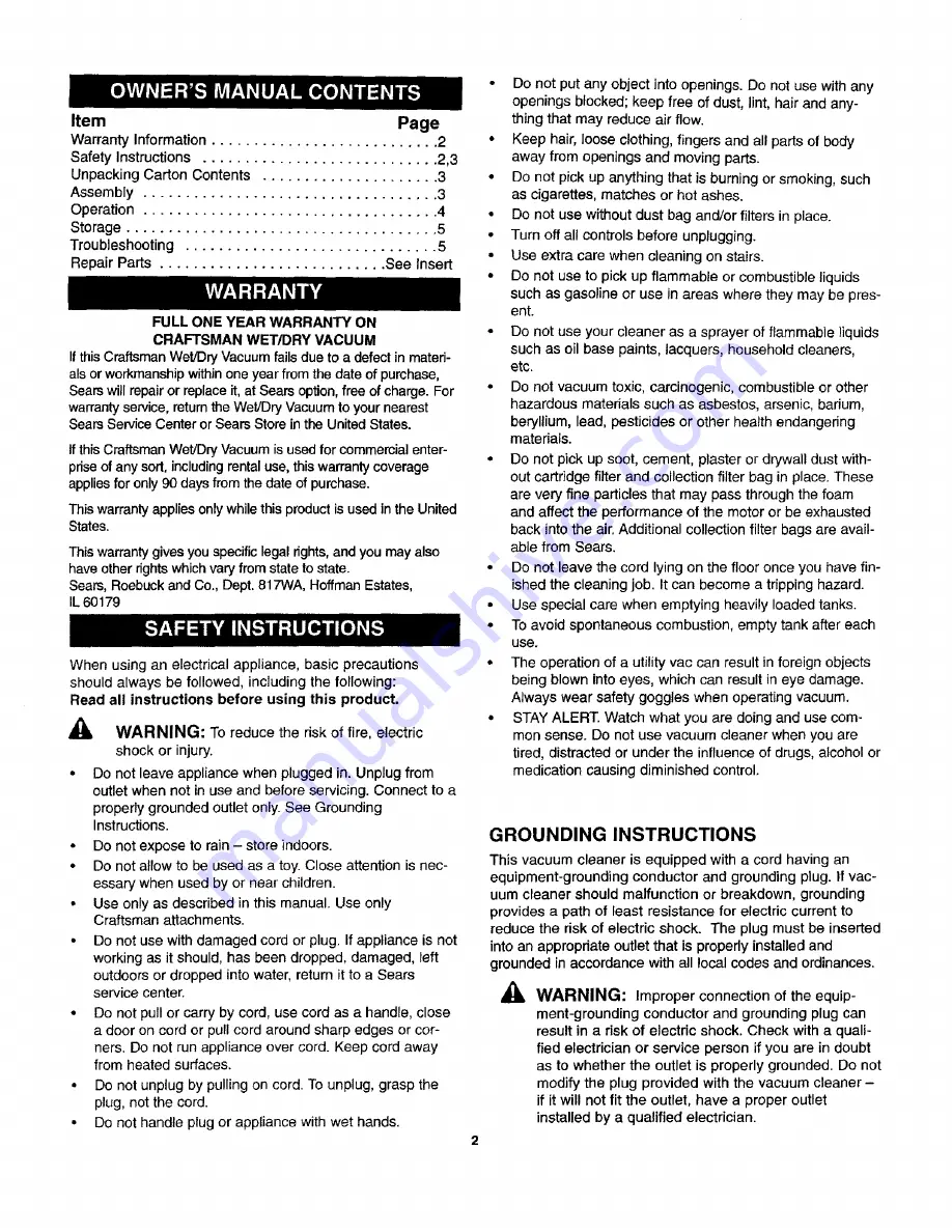 Craftsman 338.17920 Owner'S Manual Download Page 2