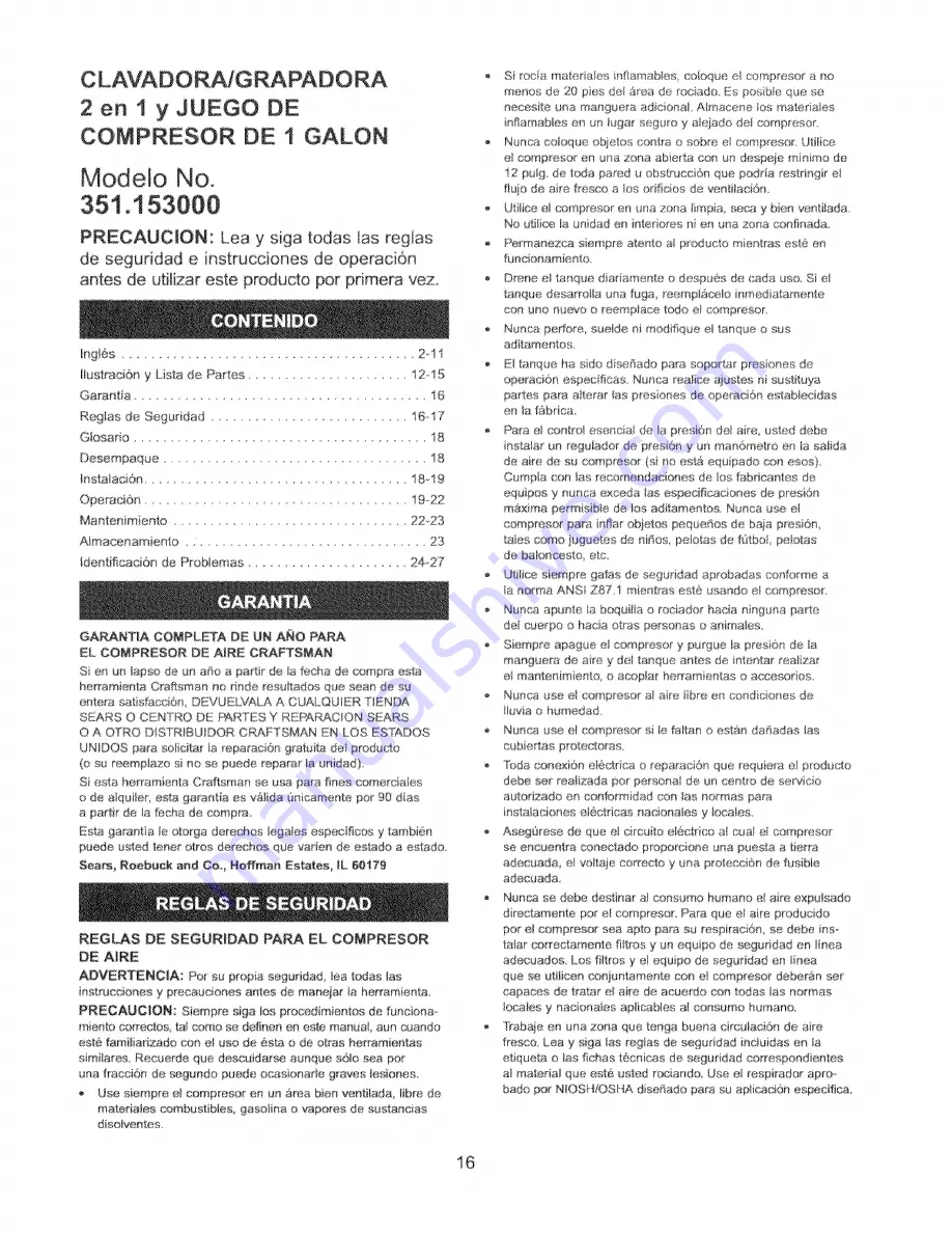 Craftsman 351.153000 Operator'S Manual Download Page 16