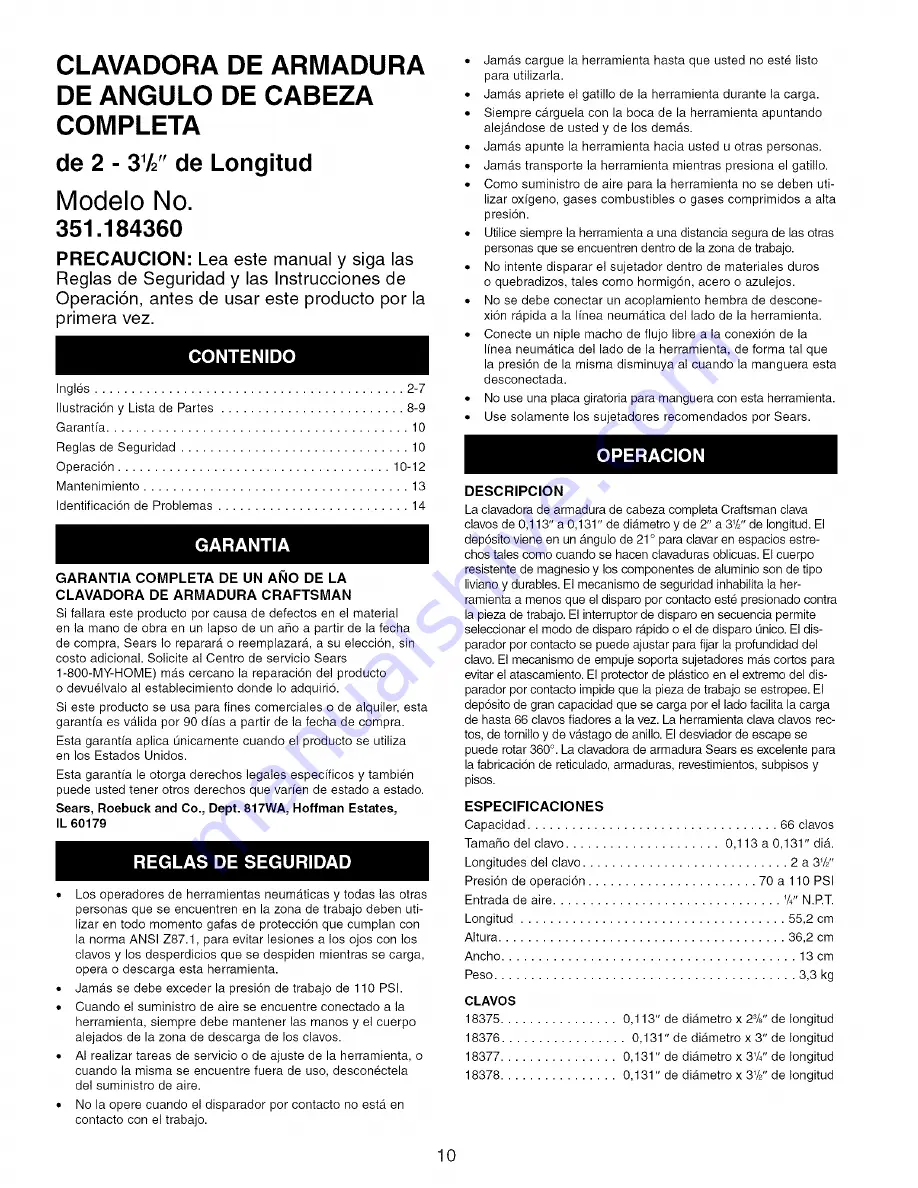 Craftsman 351.184360 Operator'S Manual Download Page 10