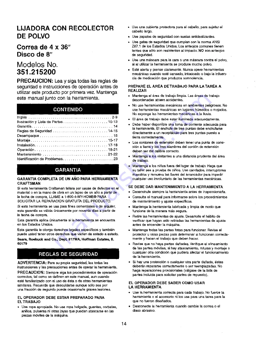 Craftsman 351.215200 Operator'S Manual Download Page 14