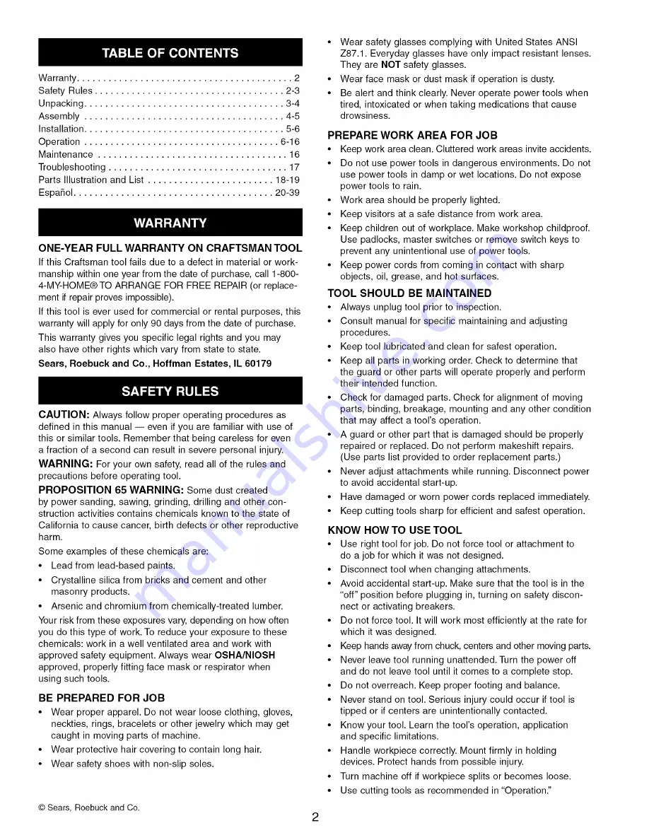 Craftsman 351.217520 Operator'S Manual Download Page 2