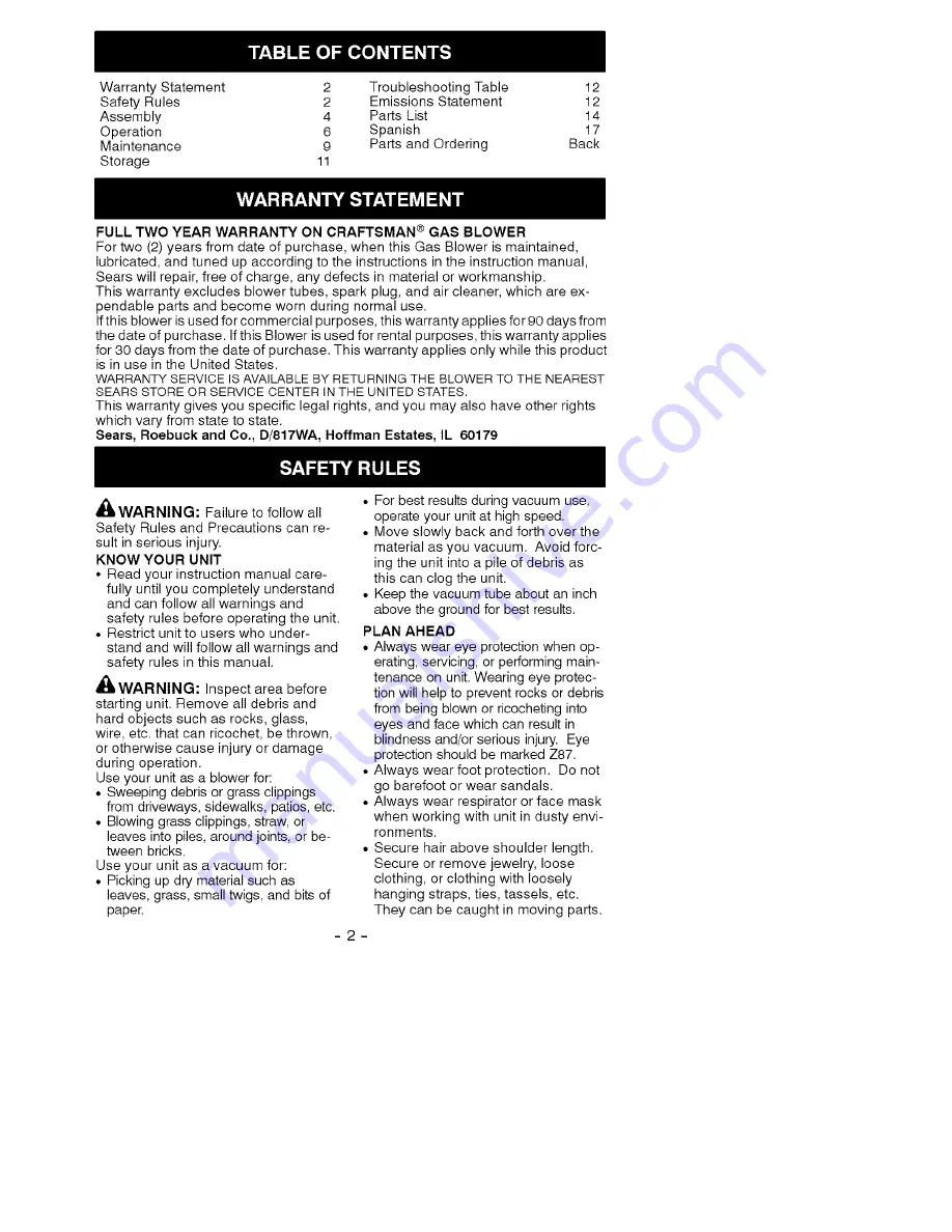 Craftsman 358.794342 Instruction Manual Download Page 2