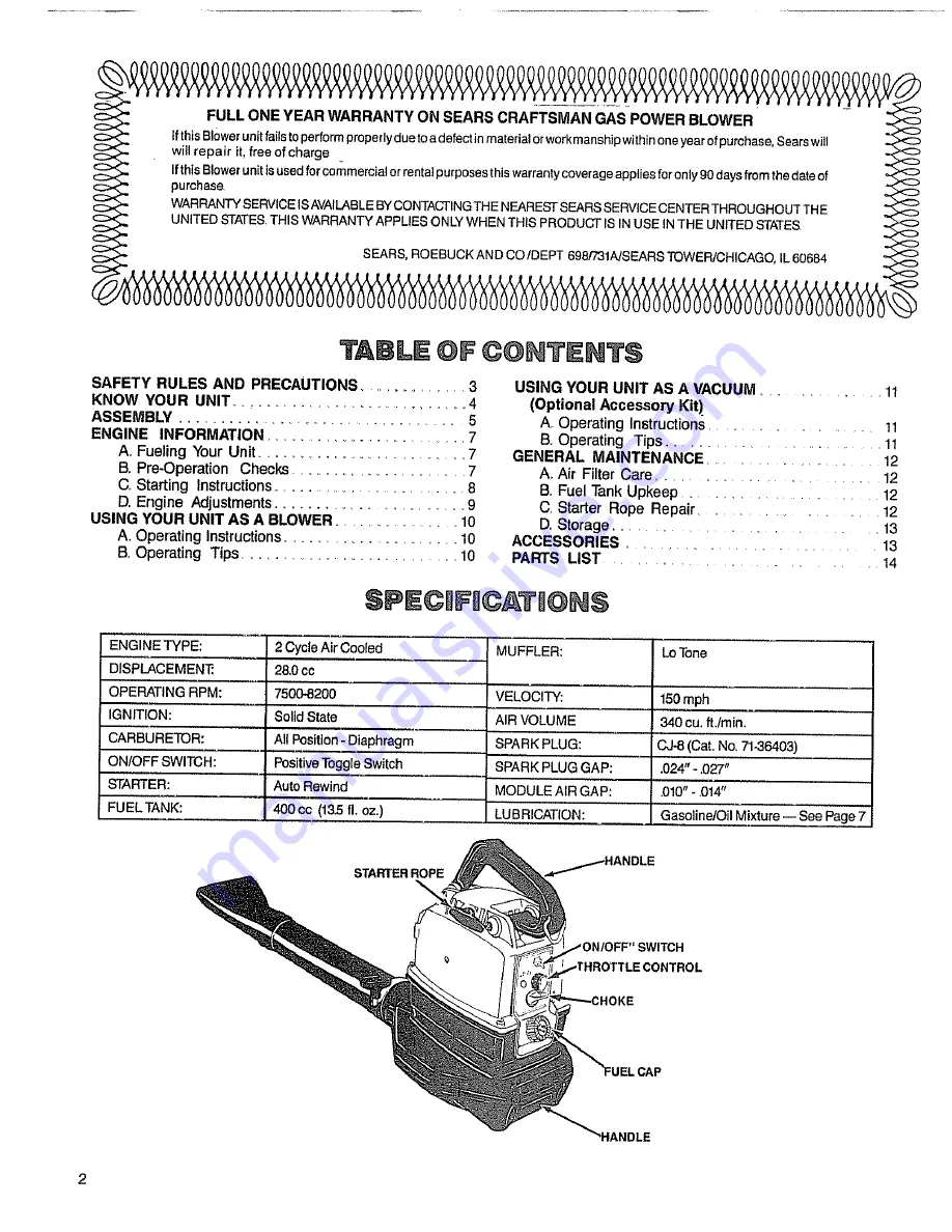 Craftsman 358.796920 Operator'S Manual Download Page 2