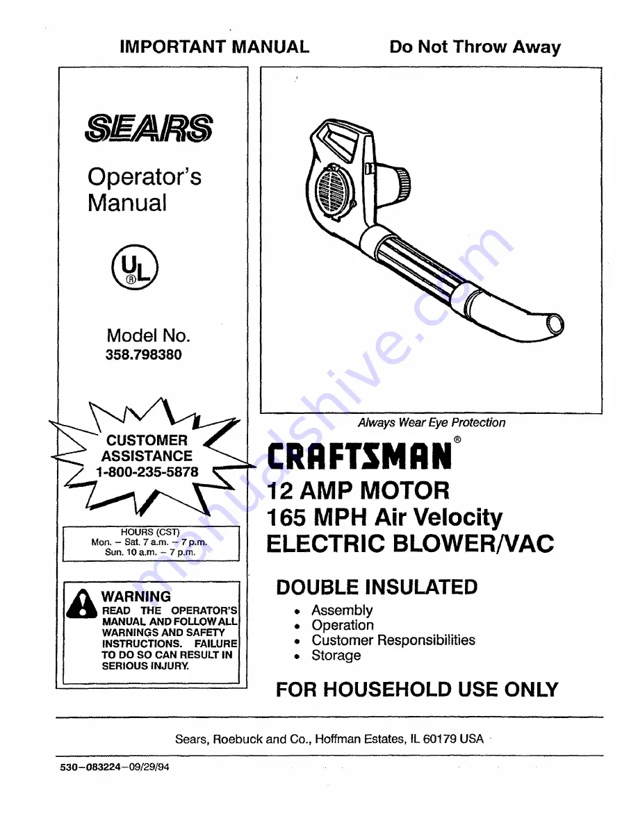 Craftsman 358.798380 Operator'S Manual Download Page 1