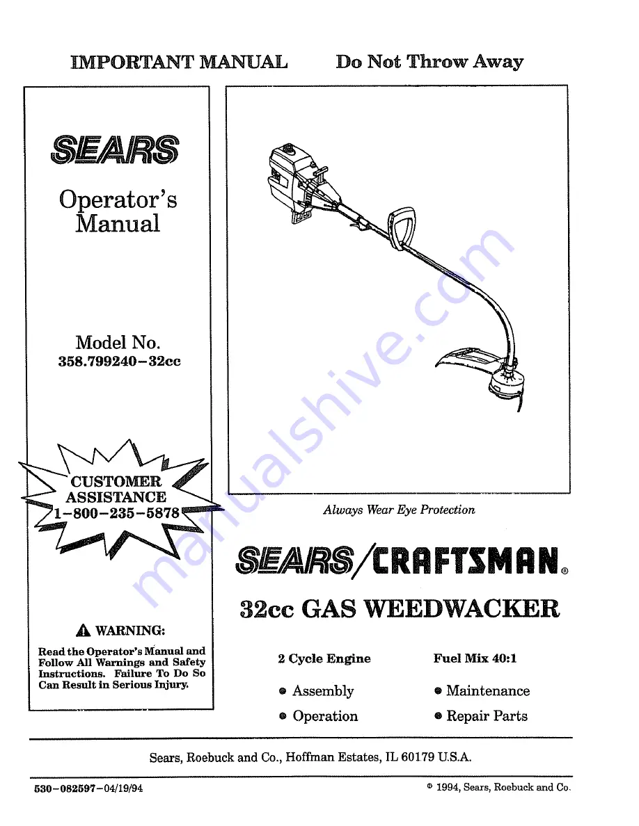 Craftsman 358.799240 Operator'S Manual Download Page 1