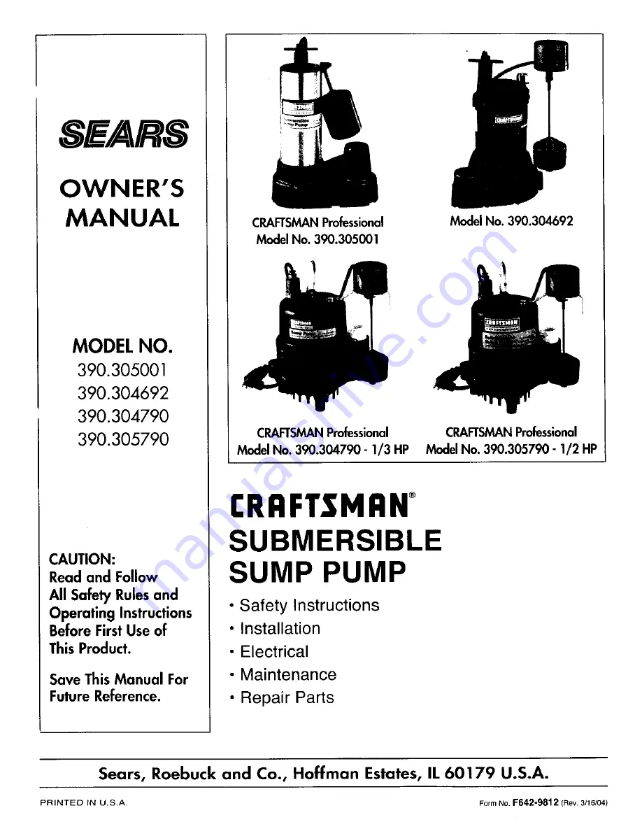 Craftsman 390.304692 Owner'S Manual Download Page 1