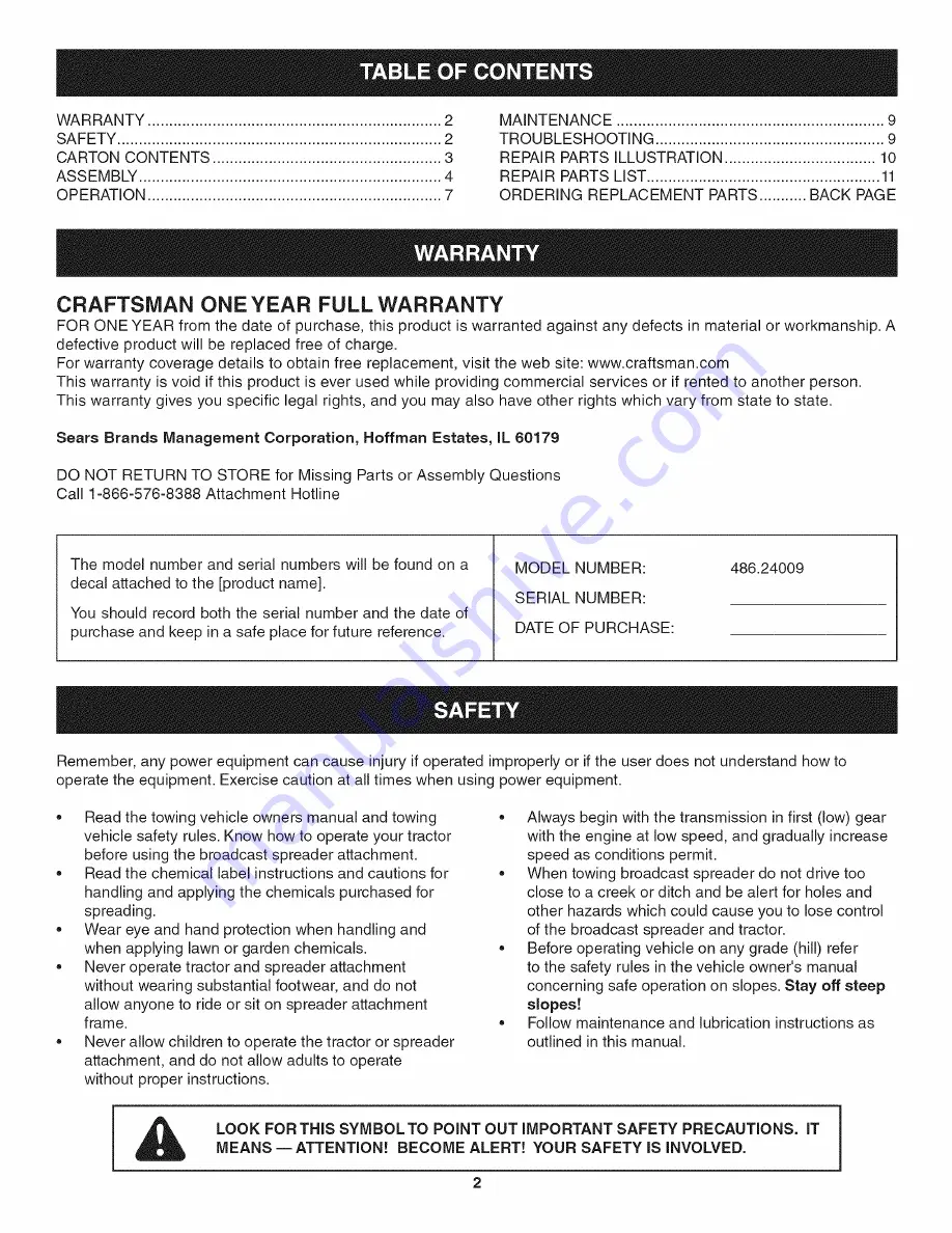 Craftsman 486.24009 Operator'S Manual Download Page 2