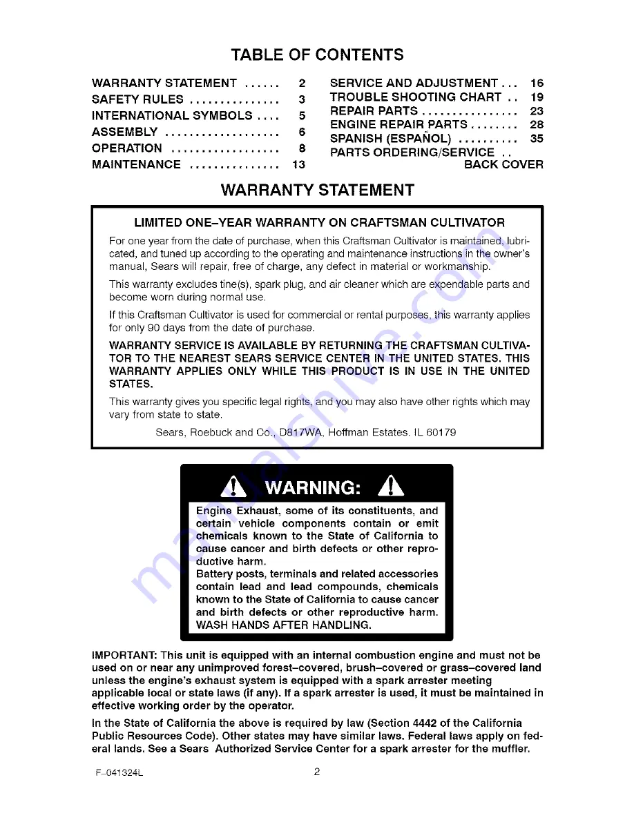 Craftsman 536.292524 Operator'S Manual Download Page 2