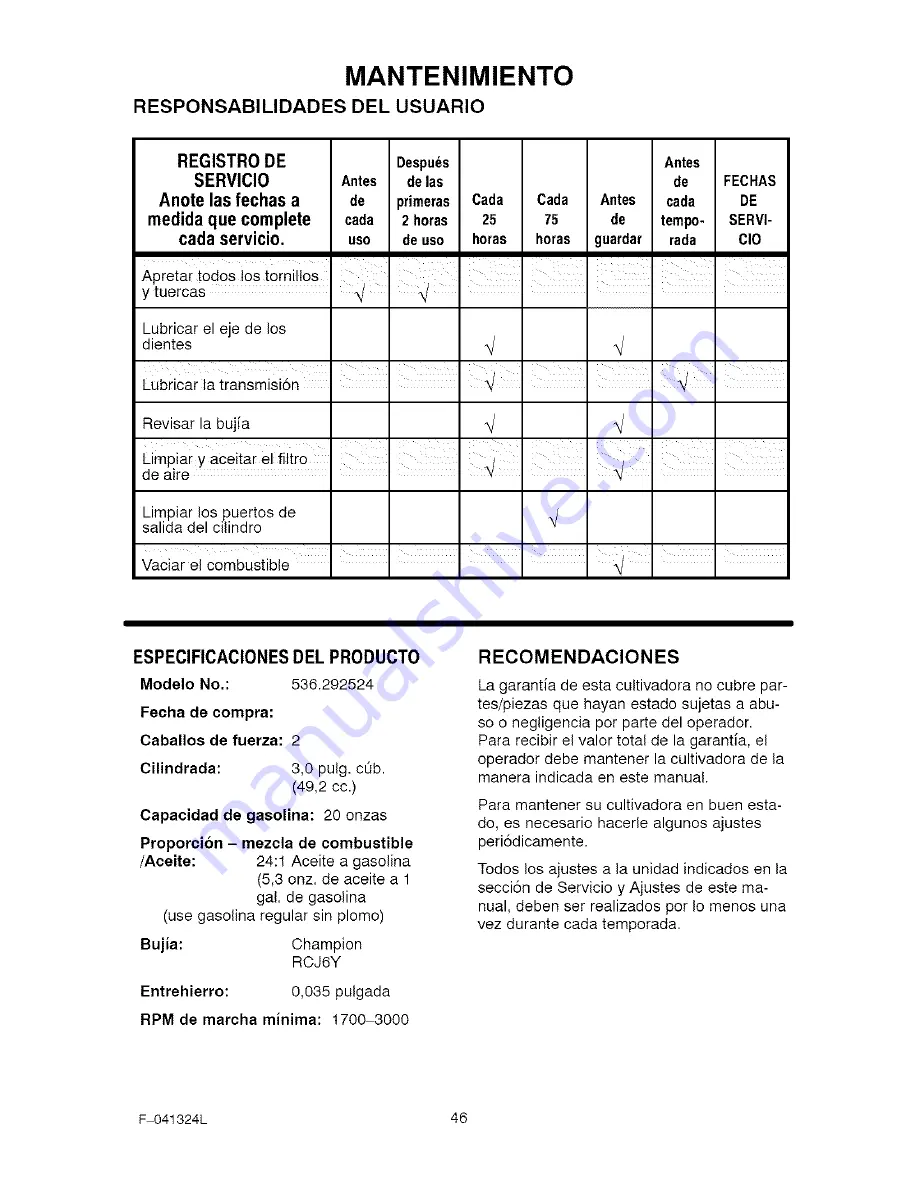 Craftsman 536.292524 Operator'S Manual Download Page 46