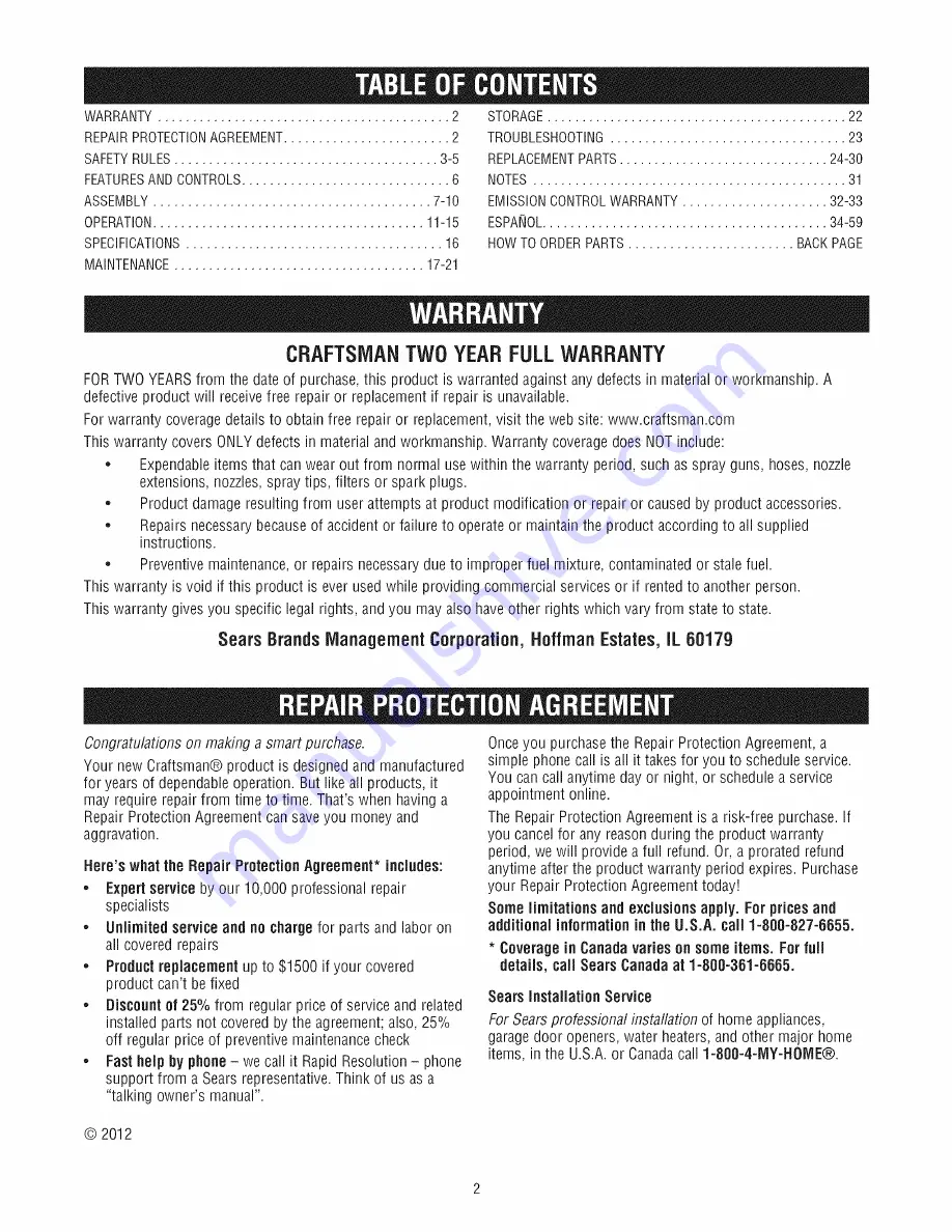 Craftsman 580.752990 Operator'S Manual Download Page 2