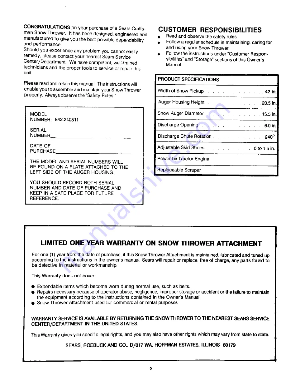 Craftsman 842.240511 Owner'S Manual Download Page 3