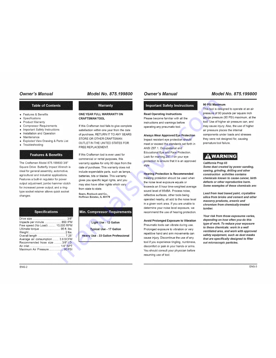 Craftsman 875.199800 Owner'S Manual Download Page 2