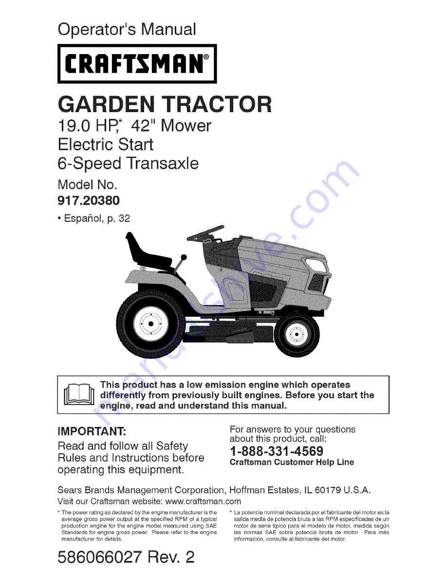 Craftsman 917.20380 Operator'S Manual Download Page 1