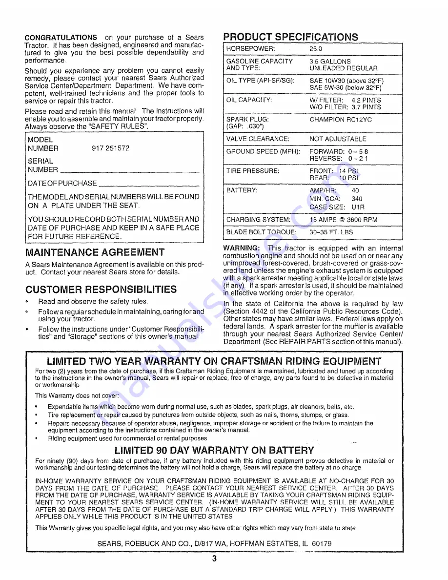 Craftsman 917.251572 Owner'S Manual Download Page 3