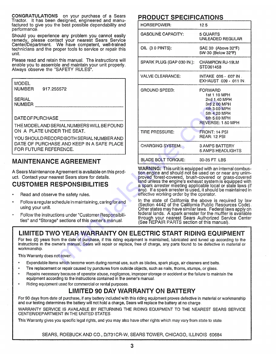 Craftsman 917.255572 Owner'S Manual Download Page 3