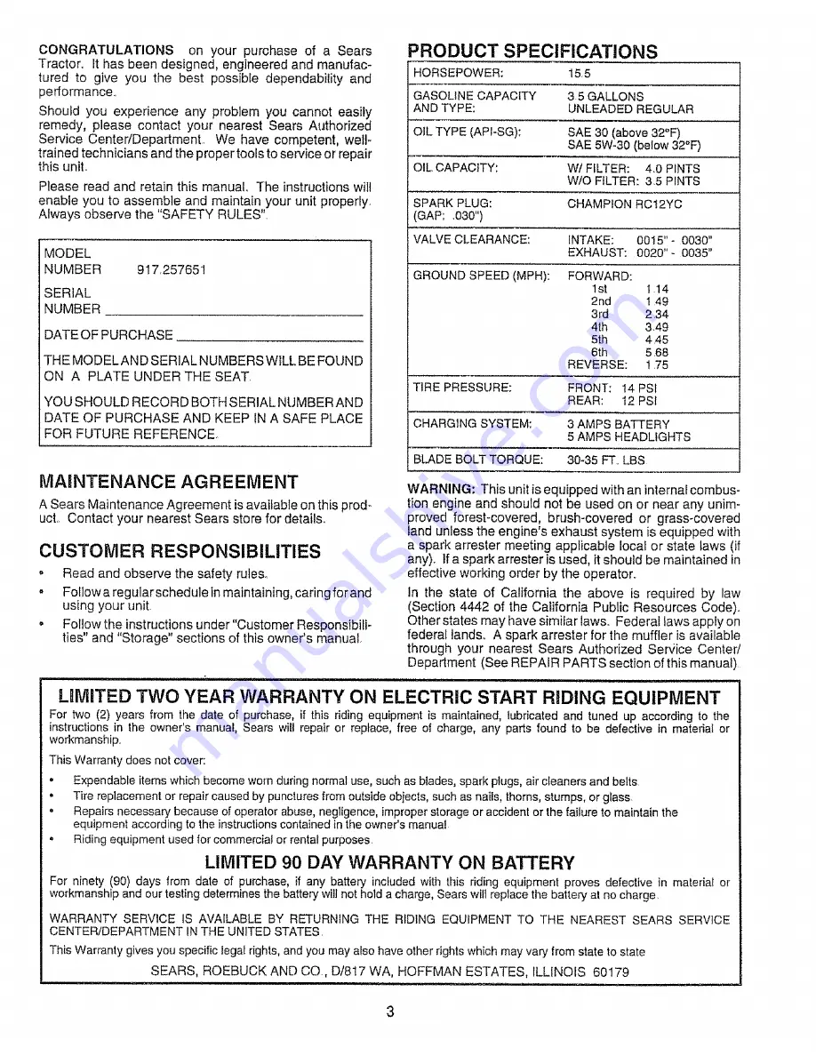 Craftsman 917.257651 Owner'S Manual Download Page 3