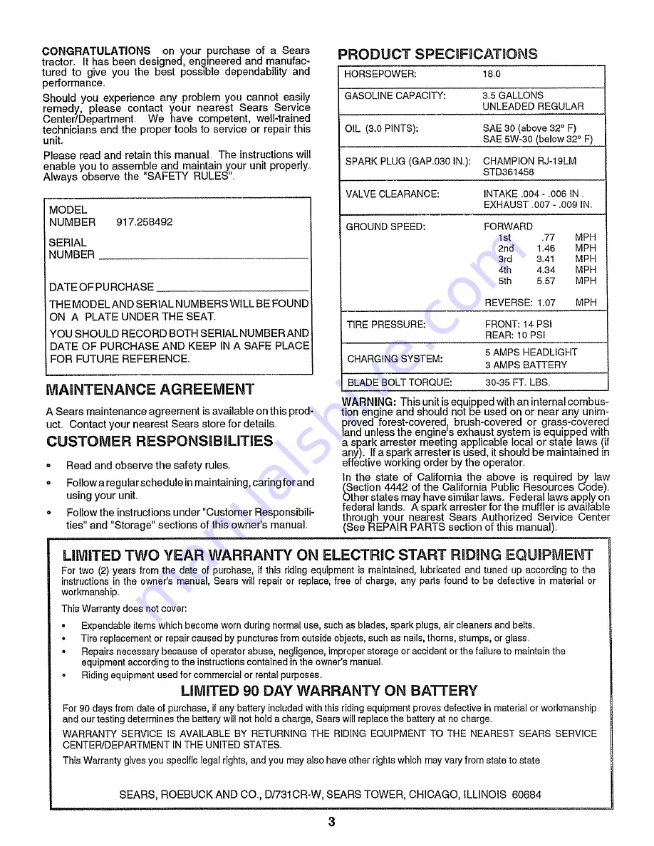 Craftsman 917.258492 Owner'S Manual Download Page 3