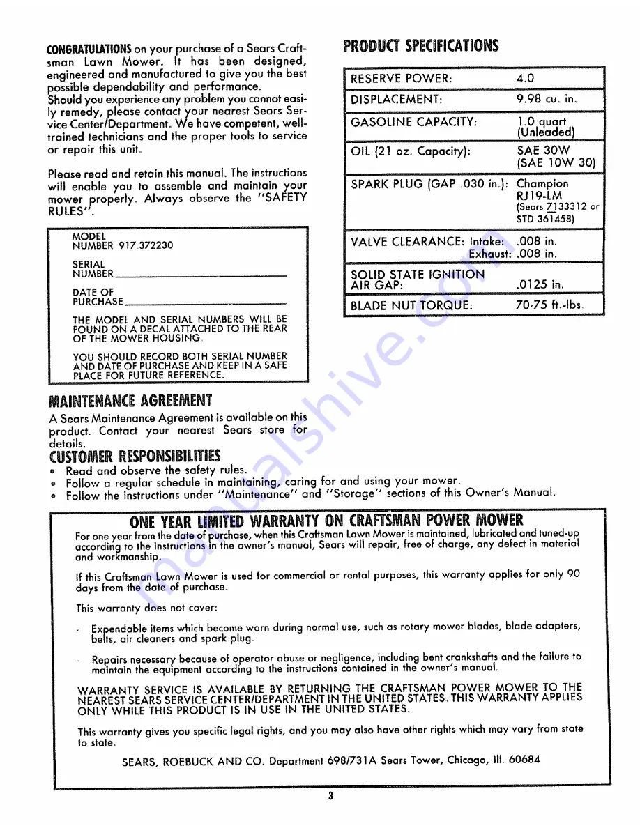 Craftsman 917.372230 Owner'S Manual Download Page 3