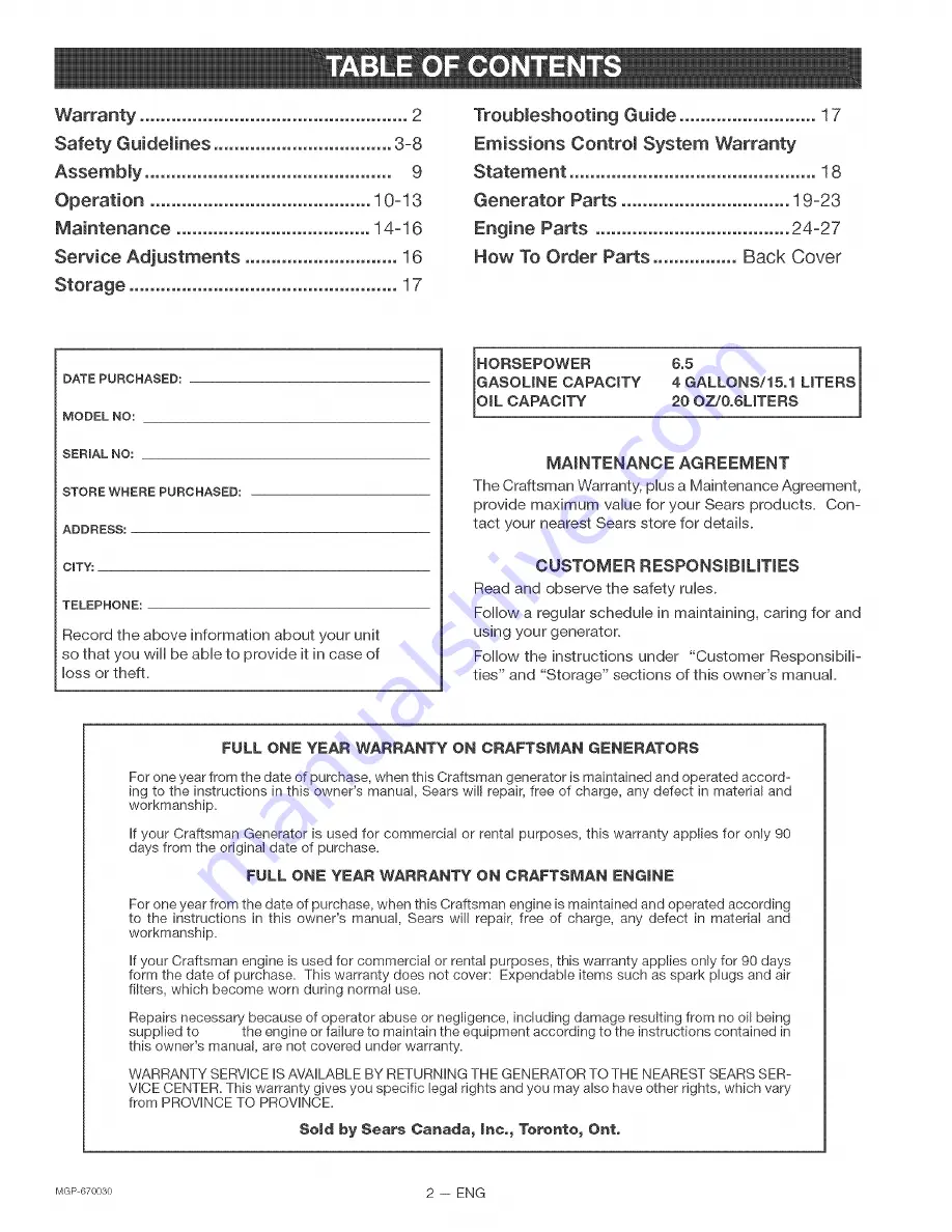 Craftsman 919.670030 Owner'S Manual Download Page 2