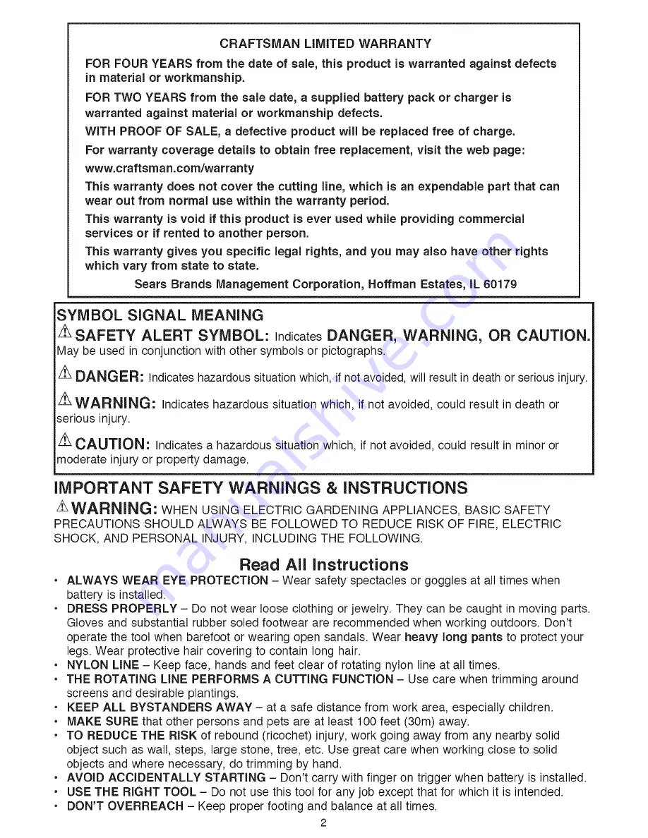 Craftsman 98020 Operator'S Manual Download Page 2