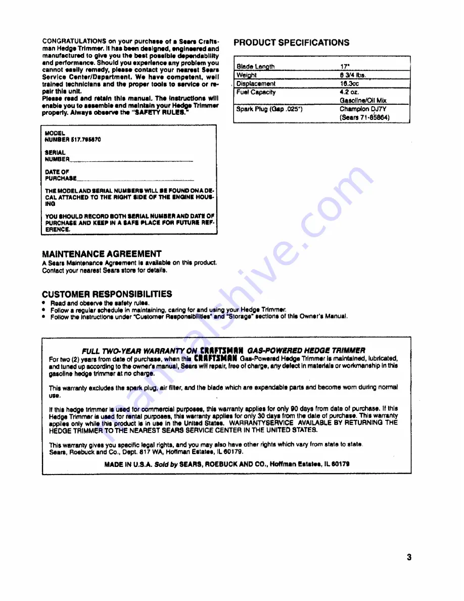 Craftsman BUSHWACKER 517.795670 Owner'S Manual Download Page 3