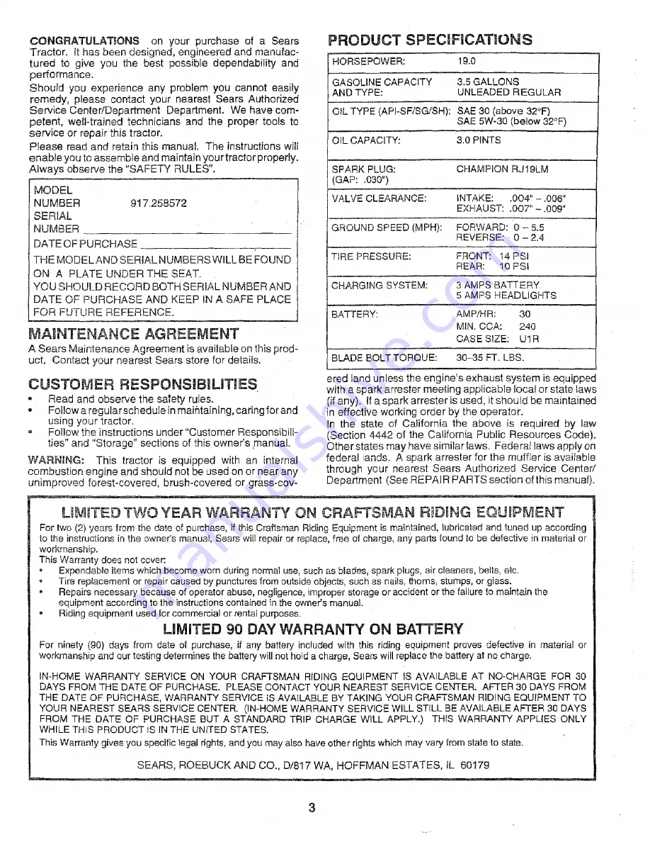 Craftsman EZ3 917.258572 Owner'S Manual Download Page 3