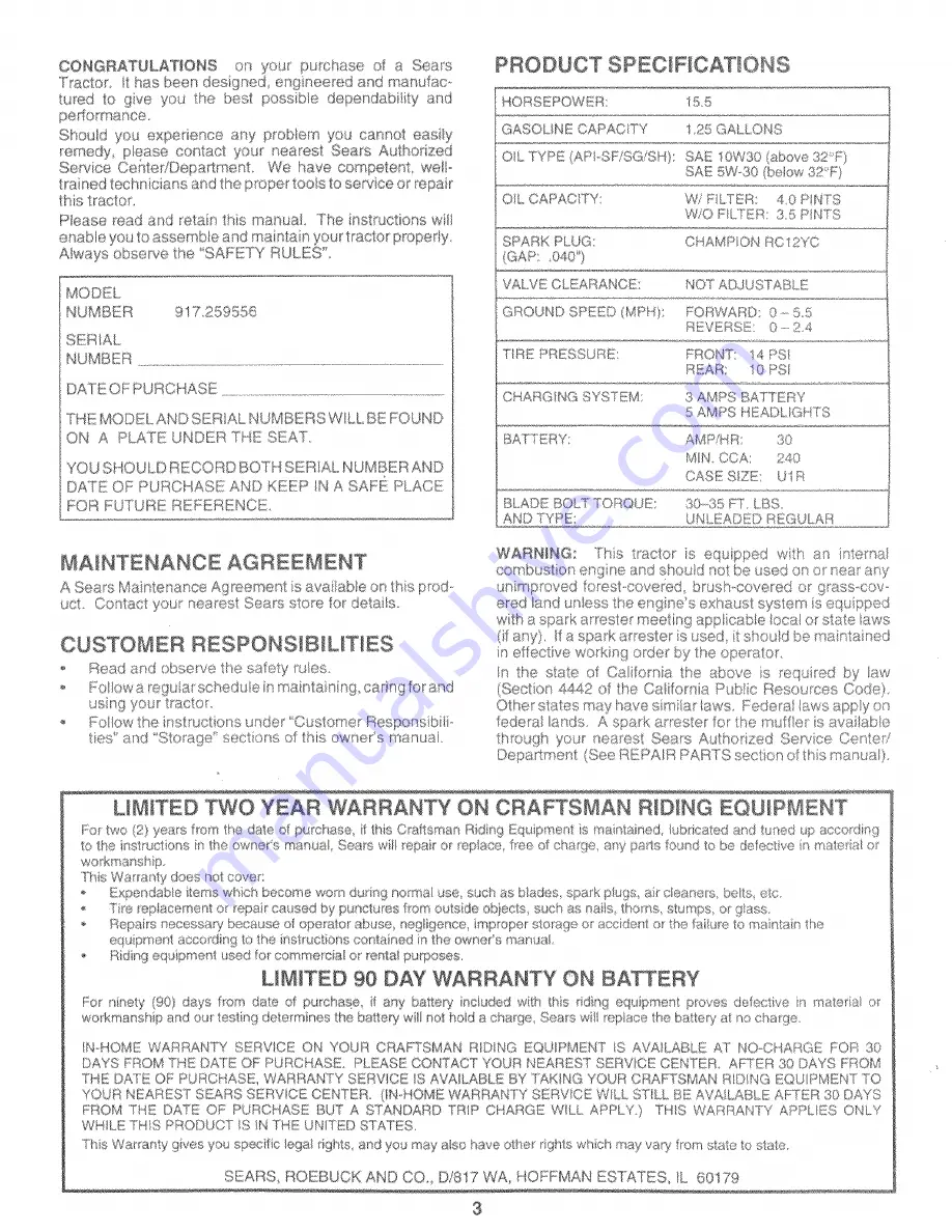 Craftsman EZ3 917.259556 Owner'S Manual Download Page 3